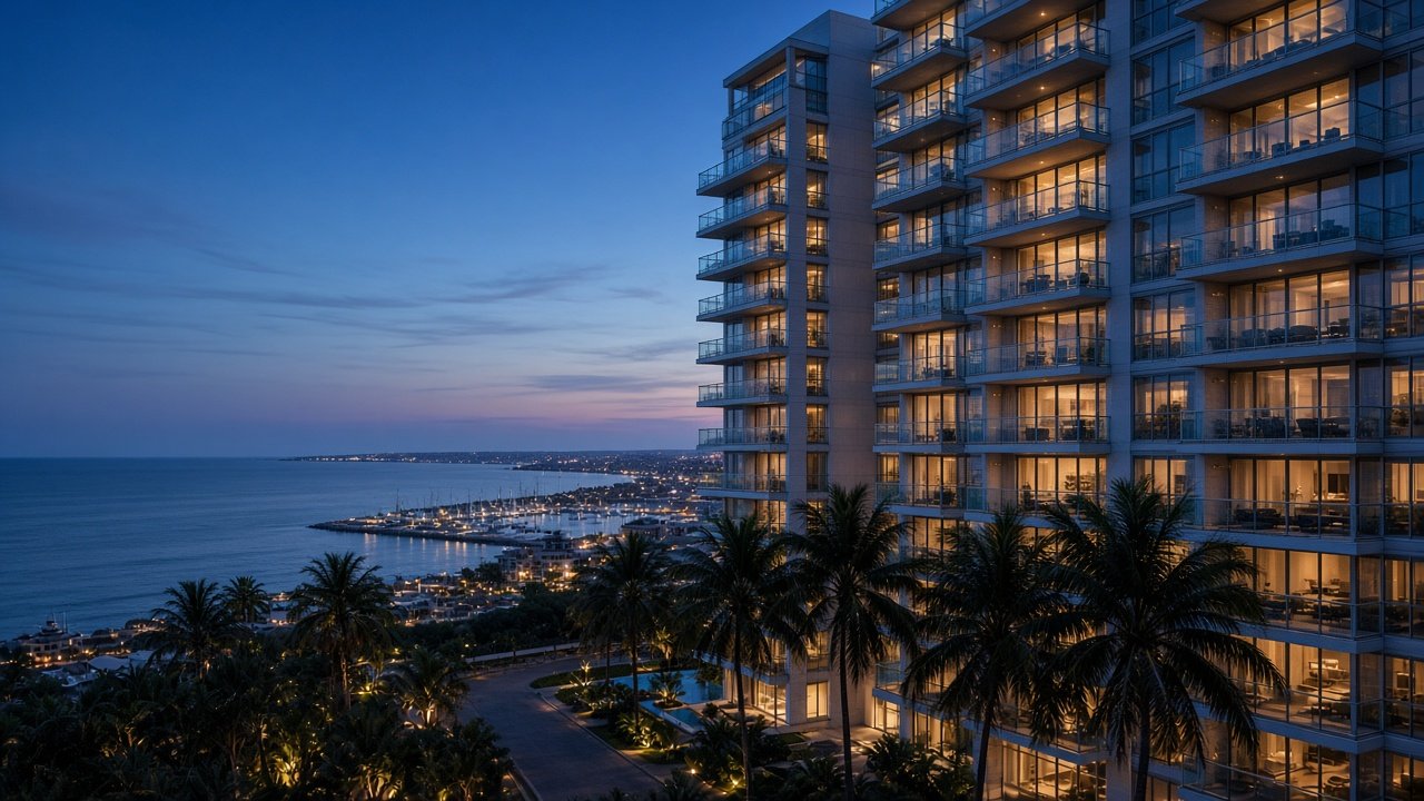 Torres residenciales frente al mar al atardecer